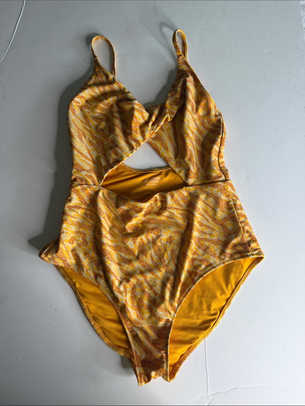 Aerie Twist Cut Out One Piece Swimsuit Yellow Orange Abstract Print Size Medium